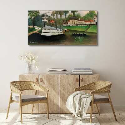Canvas schilderij Een rustige haven met een stoomboot