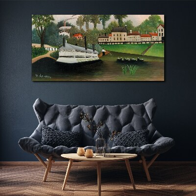 Canvas schilderij Een rustige haven met een stoomboot