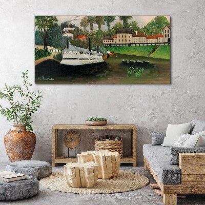 Canvas schilderij Een rustige haven met een stoomboot