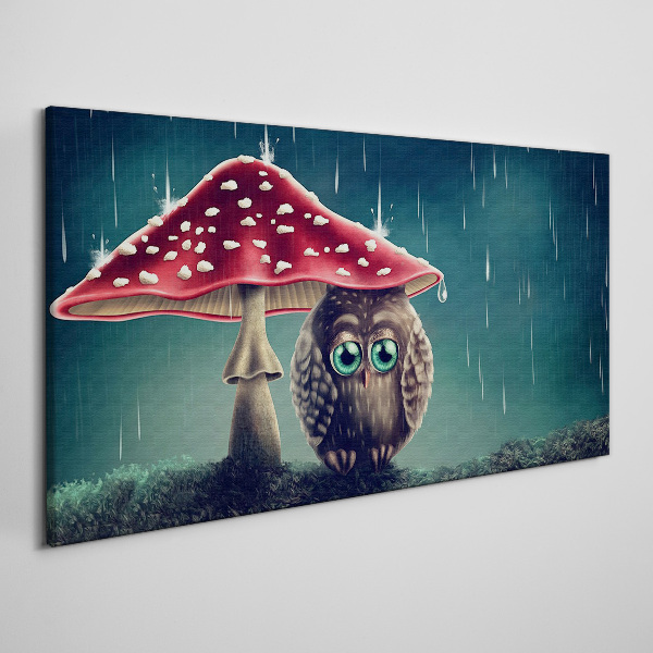 Foto op canvas Een uil onder een paddenstoel in de regen