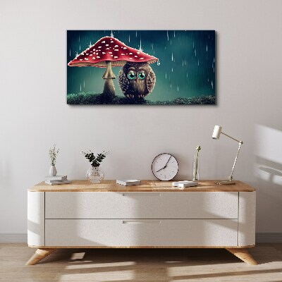 Foto op canvas Een uil onder een paddenstoel in de regen