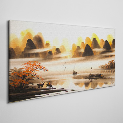 Canvas schilderij Een vredig landschap met bergen en water