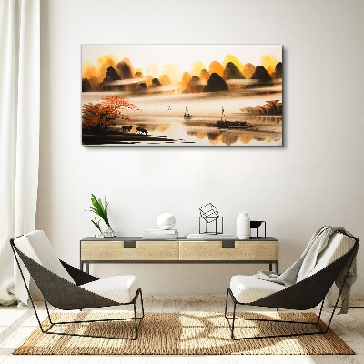 Canvas schilderij Een vredig landschap met bergen en water