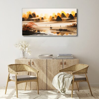 Canvas schilderij Een vredig landschap met bergen en water