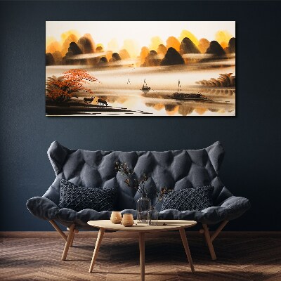 Canvas schilderij Een vredig landschap met bergen en water