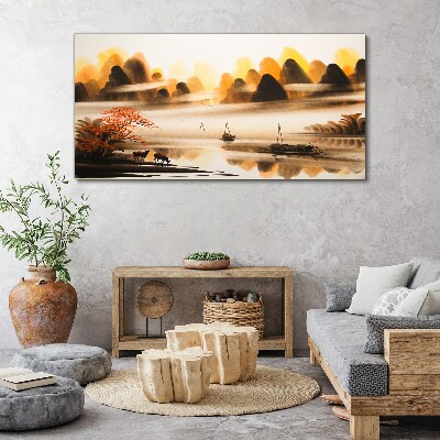 Canvas schilderij Een vredig landschap met bergen en water