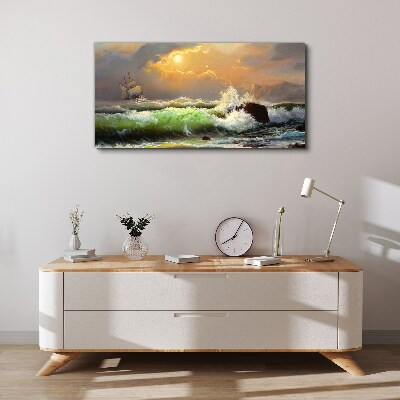 Schilderij op doek Stormachtige zee met een zeilschip