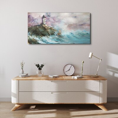 Schilderij op doek Een vuurtoren in een stormachtig landschap