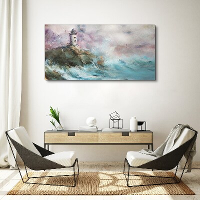 Schilderij op doek Een vuurtoren in een stormachtig landschap