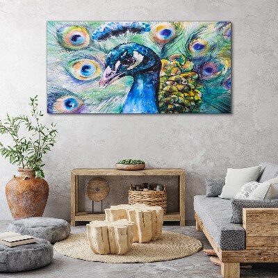 Schilderij op doek Een kleurrijke pauw tussen veren