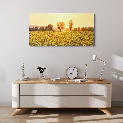 Canvas schilderij Zonnebloemveld in de ondergaande zon