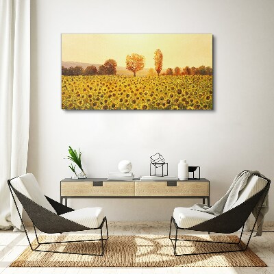 Canvas schilderij Zonnebloemveld in de ondergaande zon