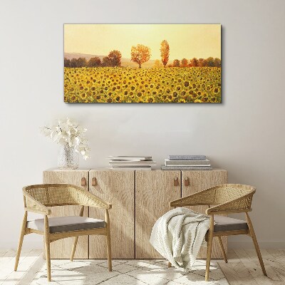 Canvas schilderij Zonnebloemveld in de ondergaande zon
