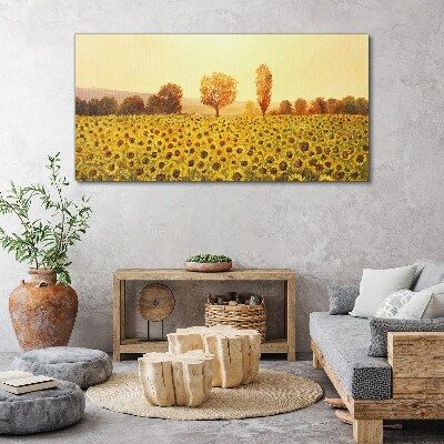 Canvas schilderij Zonnebloemveld in de ondergaande zon