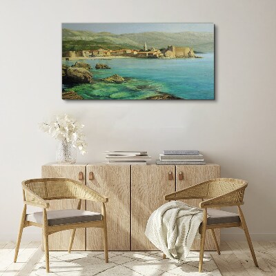 Canvas schilderij Zeegezicht met berghellingen