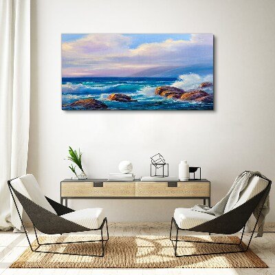 Schilderij op doek Golven aan de oevers van een rotsachtige kust