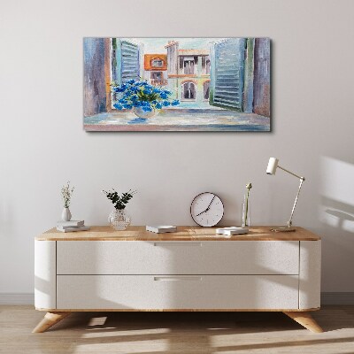 Canvas schilderij Bloemen bij het open raam