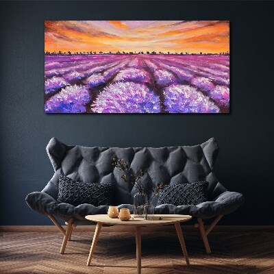 Schilderij op doek Paarse lavendelvelden bij zonsondergang