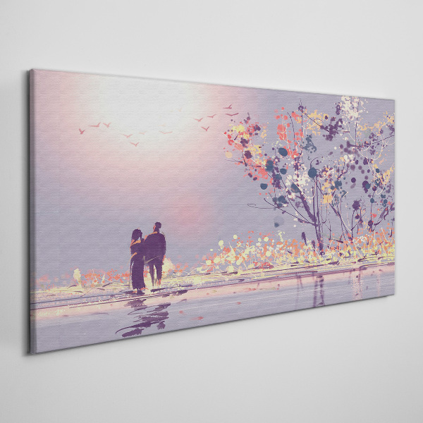 Canvas schilderij Een romantische wandeling bij zonsondergang