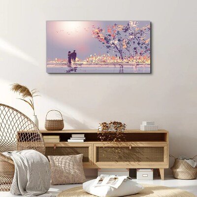 Canvas schilderij Een romantische wandeling bij zonsondergang