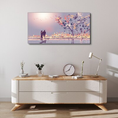 Canvas schilderij Een romantische wandeling bij zonsondergang