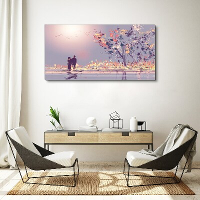 Canvas schilderij Een romantische wandeling bij zonsondergang