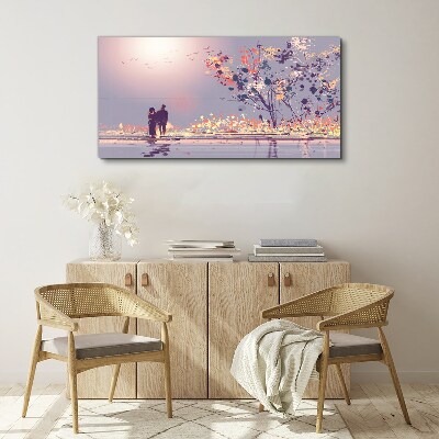Canvas schilderij Een romantische wandeling bij zonsondergang