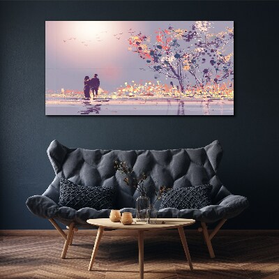 Canvas schilderij Een romantische wandeling bij zonsondergang