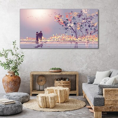 Canvas schilderij Een romantische wandeling bij zonsondergang