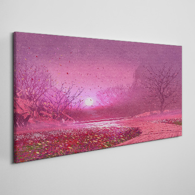 Foto op canvas Roze mist boven het lentelandschap