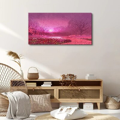 Foto op canvas Roze mist boven het lentelandschap