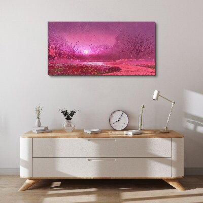 Foto op canvas Roze mist boven het lentelandschap