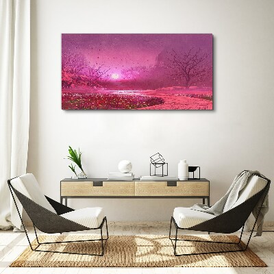 Foto op canvas Roze mist boven het lentelandschap