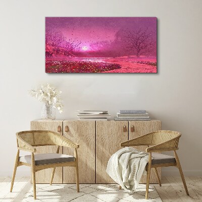 Foto op canvas Roze mist boven het lentelandschap