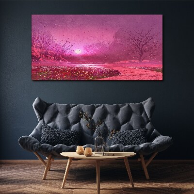 Foto op canvas Roze mist boven het lentelandschap