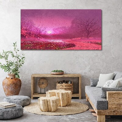 Foto op canvas Roze mist boven het lentelandschap