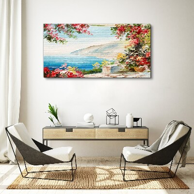 Schilderij op doek Zomerlandschap aan zee met bloemen