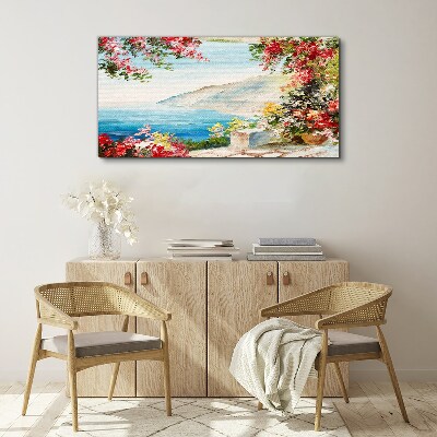 Schilderij op doek Zomerlandschap aan zee met bloemen