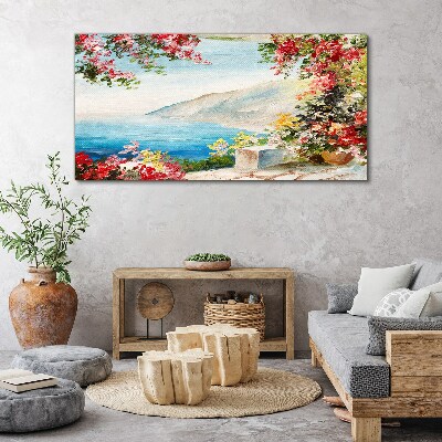 Schilderij op doek Zomerlandschap aan zee met bloemen