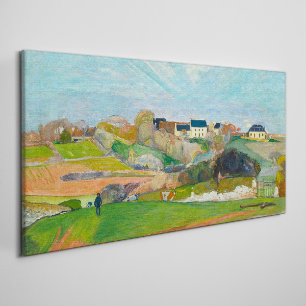Canvas schilderij Landschap met huizen en een persoon