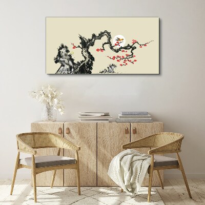 Schilderij op doek Bloemenscène met vogel