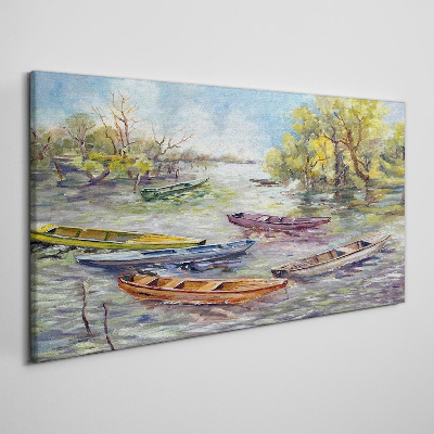 Canvas schilderij Een rustige haven met kleurrijke boten