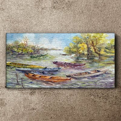 Canvas schilderij Een rustige haven met kleurrijke boten