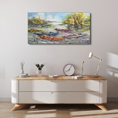 Canvas schilderij Een rustige haven met kleurrijke boten