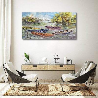 Canvas schilderij Een rustige haven met kleurrijke boten