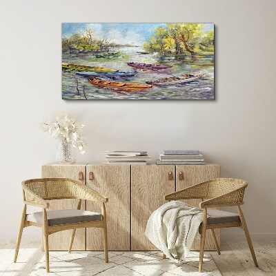 Canvas schilderij Een rustige haven met kleurrijke boten