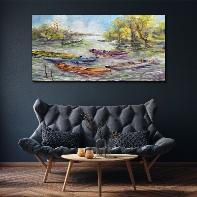 Canvas schilderij Een rustige haven met kleurrijke boten