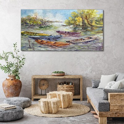 Canvas schilderij Een rustige haven met kleurrijke boten