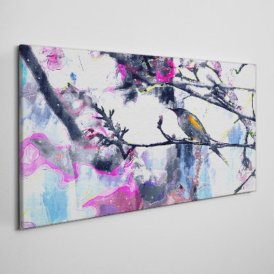 Schilderij op doek Een kleurrijke vogel tegen een achtergrond van bloemen