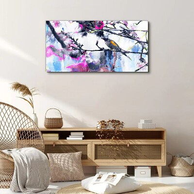 Schilderij op doek Een kleurrijke vogel tegen een achtergrond van bloemen